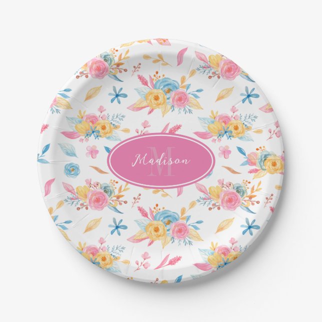 Pretty Pink Floral Pattern Monogrammed Paper Plates (Front)