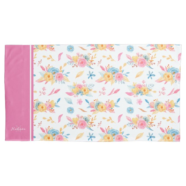 Pretty Pink Floral Pattern Monogrammed Pillow Case (Front-Left)