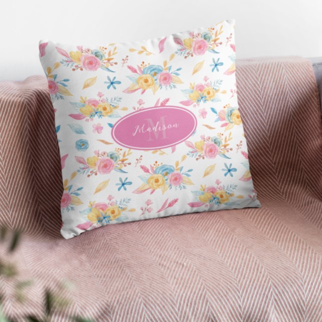 Pretty Pink Floral Pattern Monogrammed Throw Pillow (Creator Uploaded)