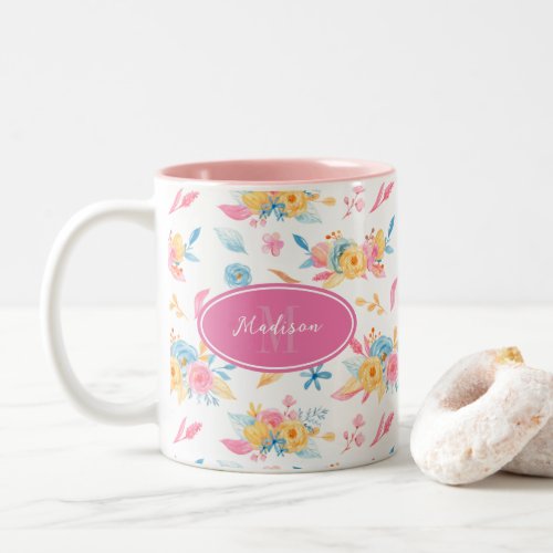 Pretty Pink Floral Pattern Monogrammed Two_Tone Coffee Mug