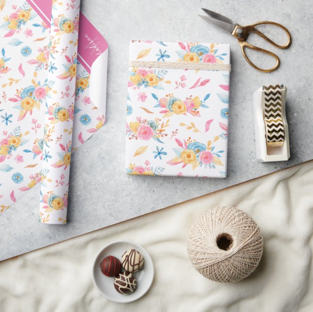 Pretty Pink Floral Pattern Monogrammed Wrapping Paper (Crafts)