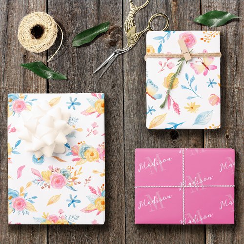 Pretty Pink Floral Pattern Monogrammed Wrapping Paper Sheets