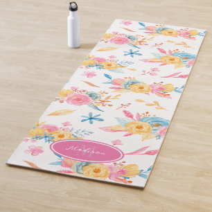 Pretty Pink Floral Pattern Monogrammed Yoga Mat