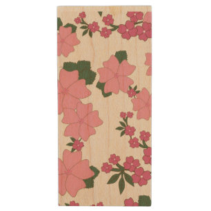 Pretty Pink Floral Pattern Wood Flash Drive