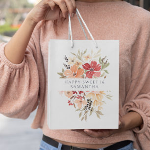 Pretty Pink Floral   Personalized Birthday Medium Gift Bag