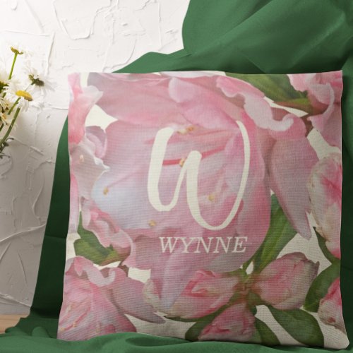 Pretty Pink Floral Photo Ivory Monogram Name Throw Pillow