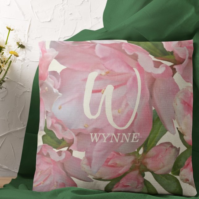 Pretty Pink Floral Photo Ivory Monogram Name Throw Pillow (Creator Uploaded)