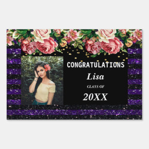 Pretty Pink Floral Purple Black Stripes Graduation Sign