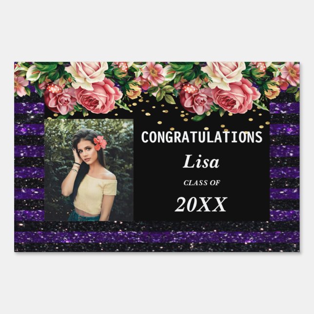 Pretty Pink Floral Purple Black Stripes Graduation Sign (Front)