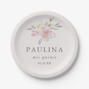 Pretty Pink Floral Quinceanera Date and Name Paper Plates