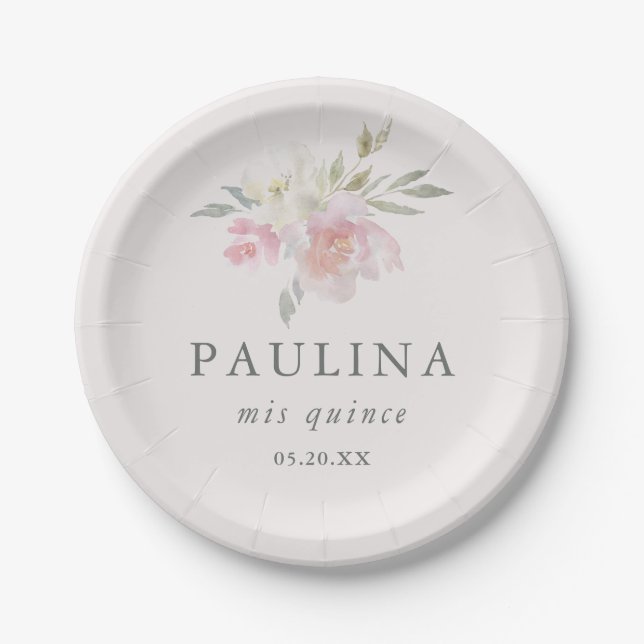 Pretty Pink Floral Quinceanera Date and Name Paper Plates (Front)