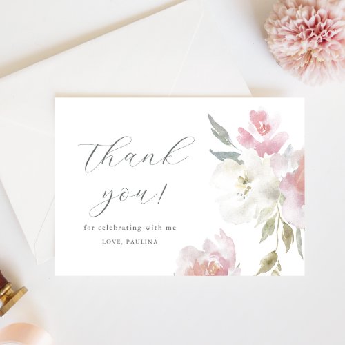Pretty Pink Floral Quinceaera Photo Thank You Invitation