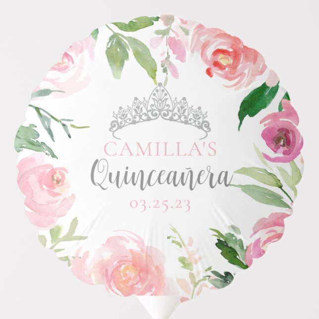 Pretty Pink Floral Quinceañera Silver Tiara Party Balloon (Front)