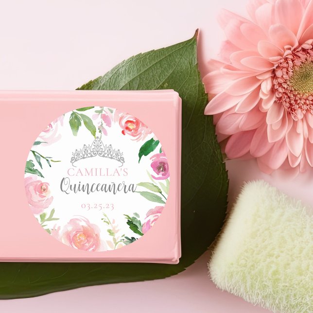 Pretty Pink Floral Quinceañera Silver Tiara Party Classic Round Sticker (Creator Uploaded)