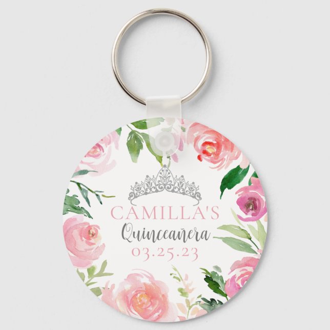 Pretty Pink Floral Quinceañera Silver Tiara Party Keychain (Front)