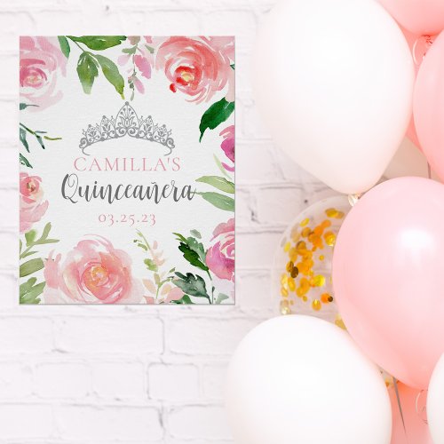 Pretty Pink Floral Quinceaera Silver Tiara Party Poster