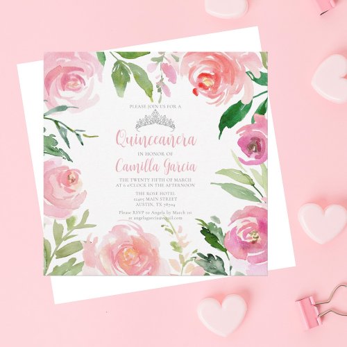 Pretty Pink Floral Quinceaera Silver Tiara Square Invitation