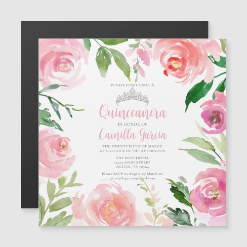 Pretty Pink Floral Quinceaera Silver Tiara Square Magnetic Invitation