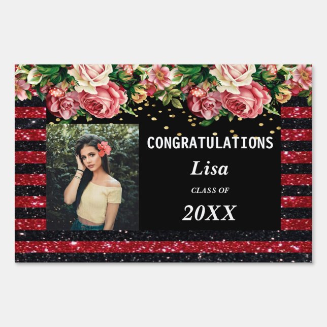 Pretty Pink Floral Red Black Stripes Graduation Sign (Front)