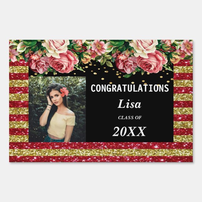 Pretty Pink Floral Red Gold Stripes Graduation Sign (Front)