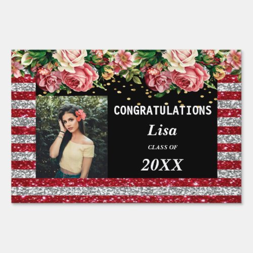 Pretty Pink Floral Red Silver Stripes Graduation Sign