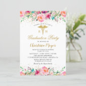 Pretty Pink Floral RN Nurse Photo Graduation Party Invitation (Standing Front)