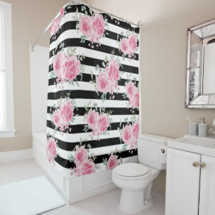 Pretty Pink Floral Roses Black Stripes Watercolor Shower Curtain