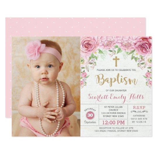 Pretty Pink Floral Roses Girl Baptism Photo Invitation | Zazzle.com