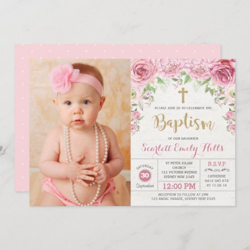 Pretty Pink Floral Roses Girl Baptism Photo Invitation