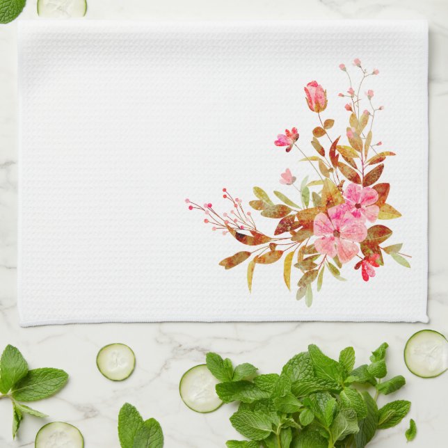 Pretty Pink Floral Roses Leaves Kitchen Towel (Folded)