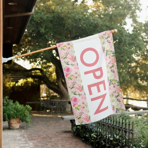 Pretty Pink Floral Roses Open Sign for Shop Flag