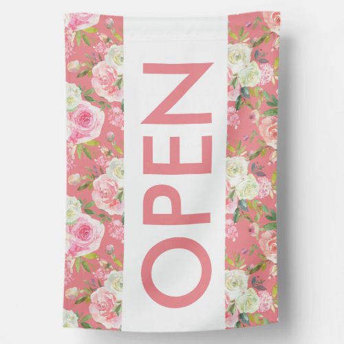 Pretty Pink Floral Roses Open Sign for Shop Flag