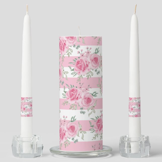 Pretty Pink Floral Roses Pink Stripes Unity Candle Set (Front)