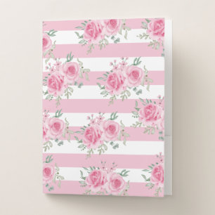 Pretty Pink Floral Roses Pink Stripes Watercolor Pocket Folder