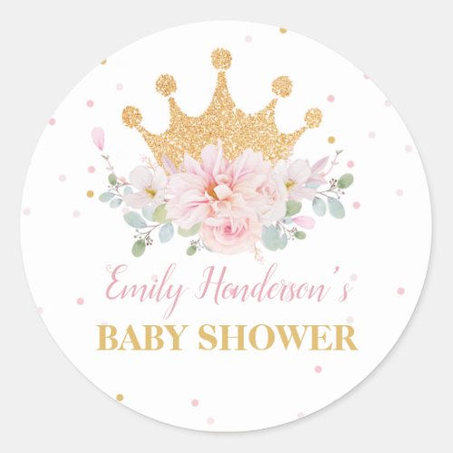 Pretty Pink Floral Royal Crown Princess Birthday Classic Round Sticker