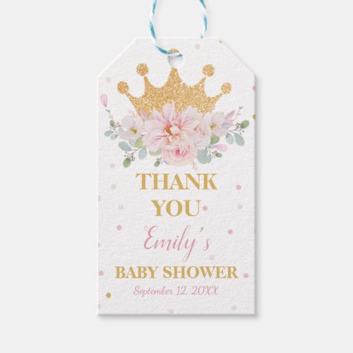 Pretty Pink Floral Royal Crown Princess Birthday Gift Tags