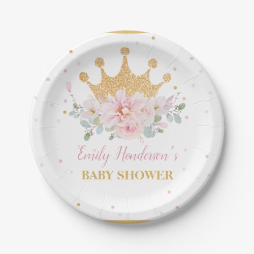 Pretty Pink Floral Royal Crown Princess Birthday Paper Plates