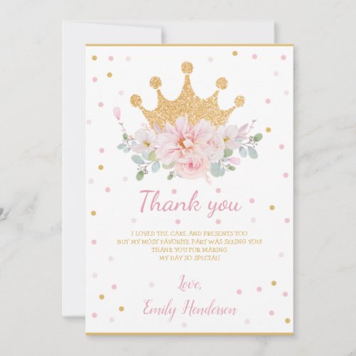 Pretty Pink Floral Royal Crown Princess Birthday T Thank You Card