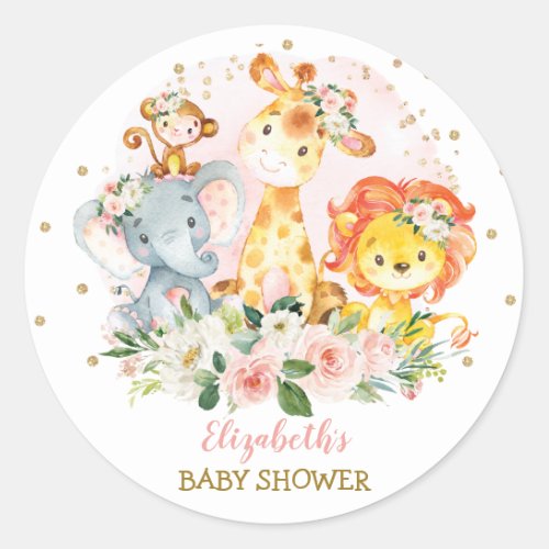 Pretty Pink Floral Safari Animals Baby Shower Classic Round Sticker