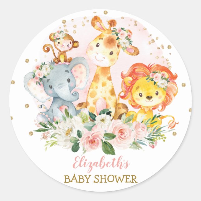 Pretty Pink Floral Safari Animals Baby Shower Classic Round Sticker (Front)