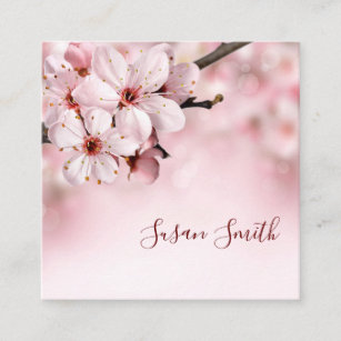 Pretty Pink Floral Script Feminine Cherry Blossoms Square Business Card