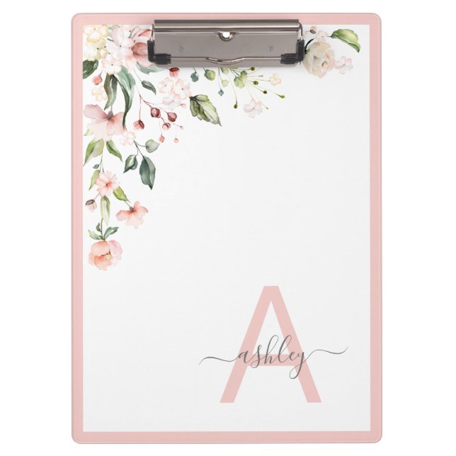 Pretty Pink Floral Script Monogram Initial Name Clipboard (Front)