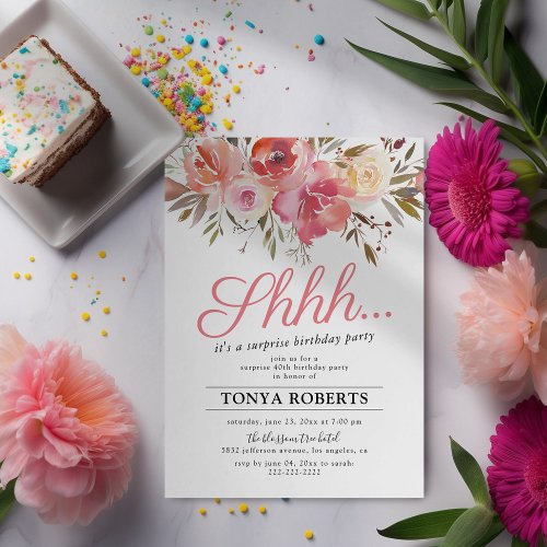 Pretty Pink Floral Surprise Birthday Party Invitation