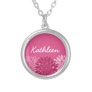 Pretty Pink Floral Trio with Name Silver Plated Necklace