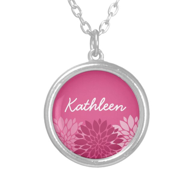 Pretty Pink Floral Trio with Name Silver Plated Necklace (Front)