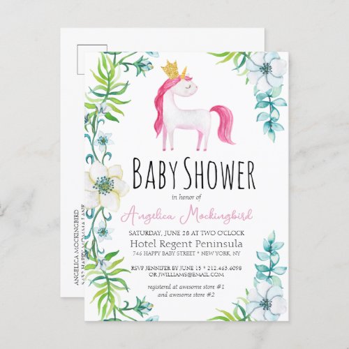 Pretty Pink Floral Unicorn Magic Baby Shower Invitation Postcard