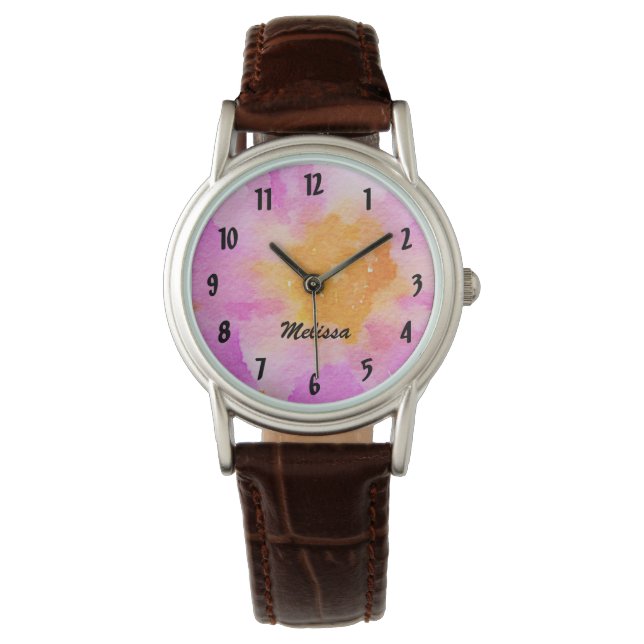 Pretty Pink Floral Watch with Personalised Name (Front)