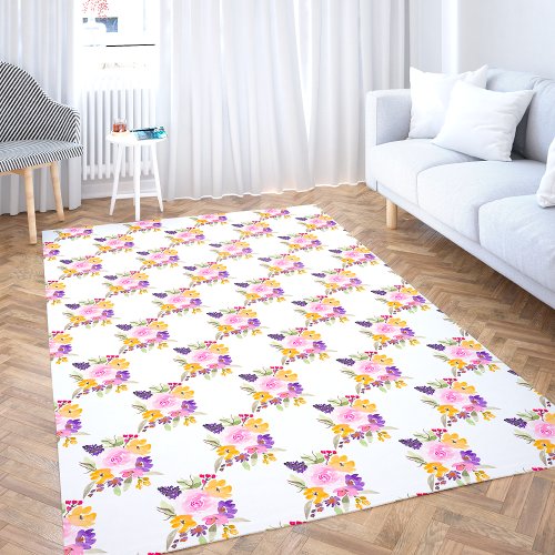 Pretty pink floral watercolor checker pattern outdoor rug