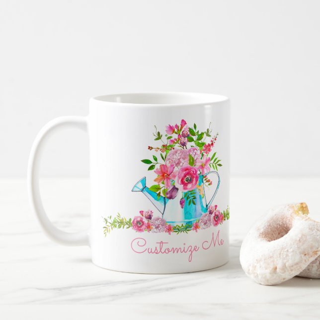 Pretty Pink Floral Watercolor Customizable Coffee Mug (With Donut)