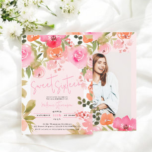 Pretty pink floral watercolor photo chic Sweet 16 Invitation